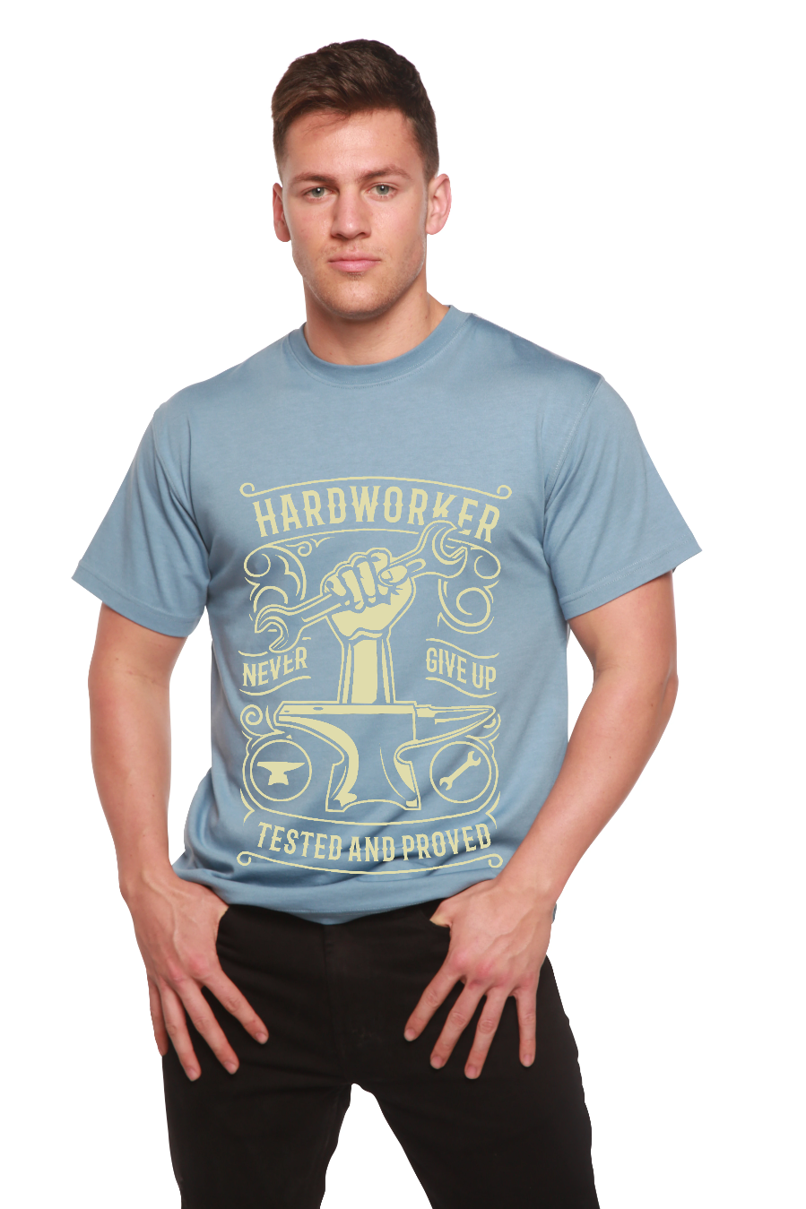 Men's printed T-shirt by Spun Bamboo featuring bamboo viscose and organic cotton, short sleeve graphic design.
