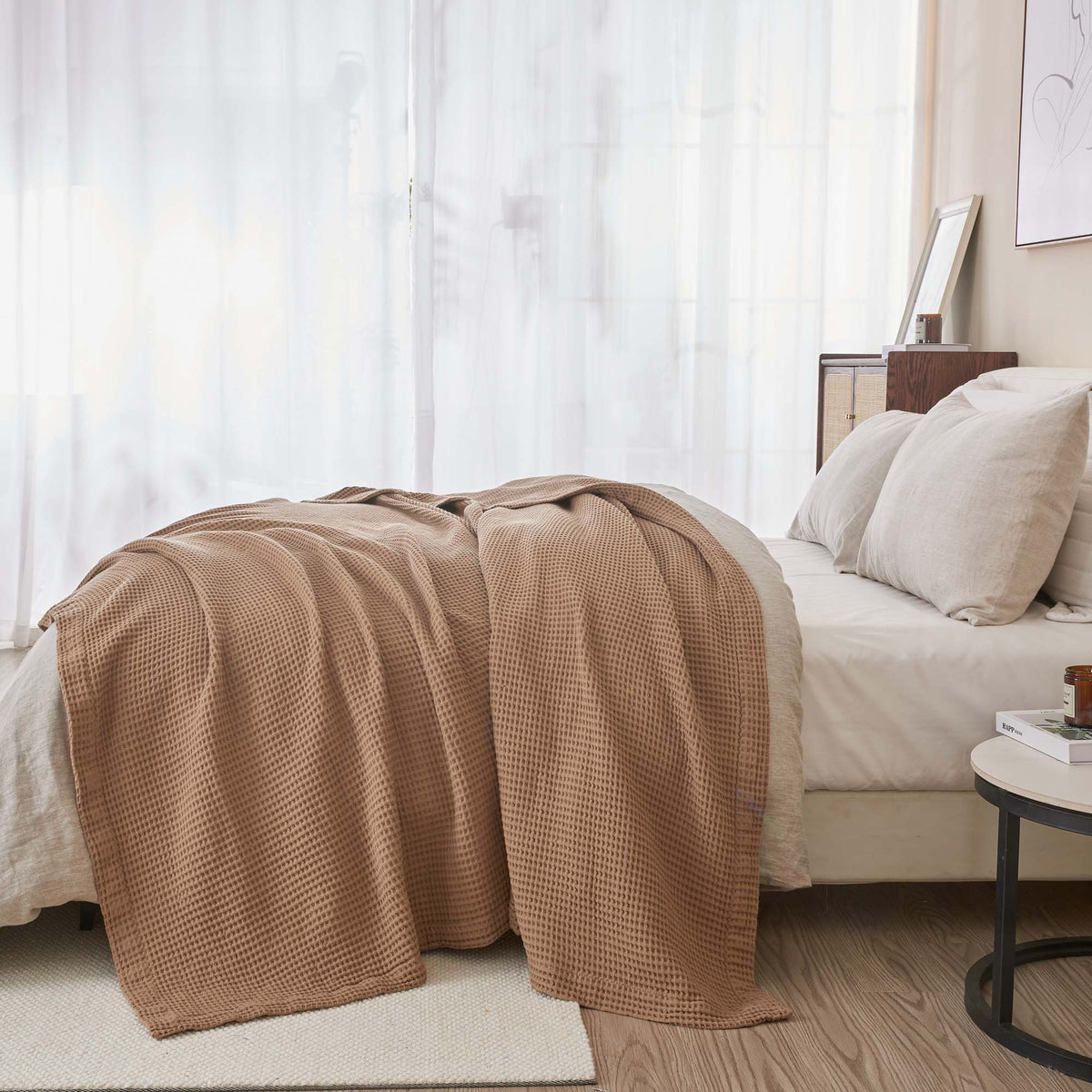 Soft 100% cotton waffle weave blanket from the Mikala Collection by Great Bay Home, showcasing its textured fabric and cozy appearance.