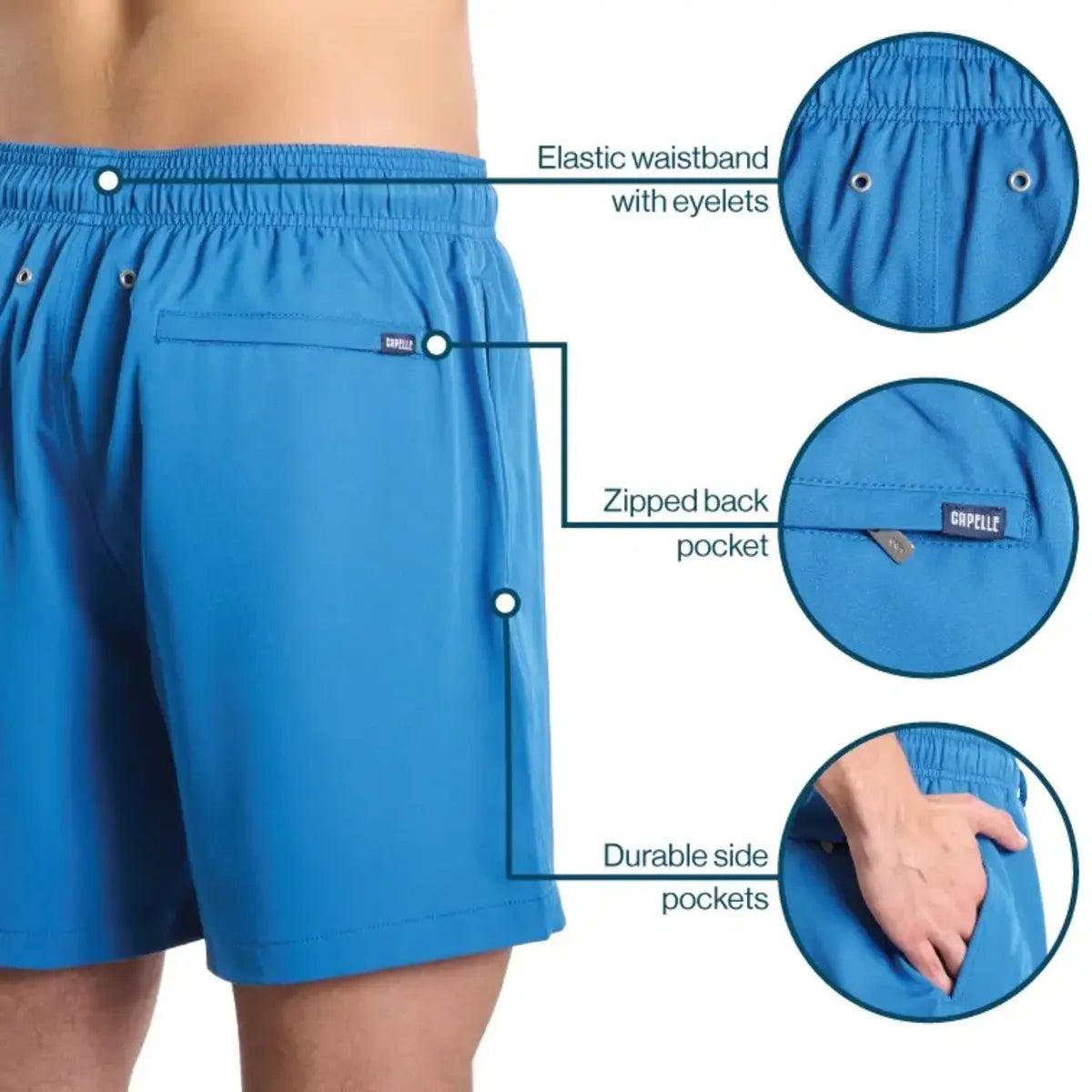 Men's Capelle Miami hybrid shorts in ocean blue with compression lining, featuring a solid design and athletic fit.