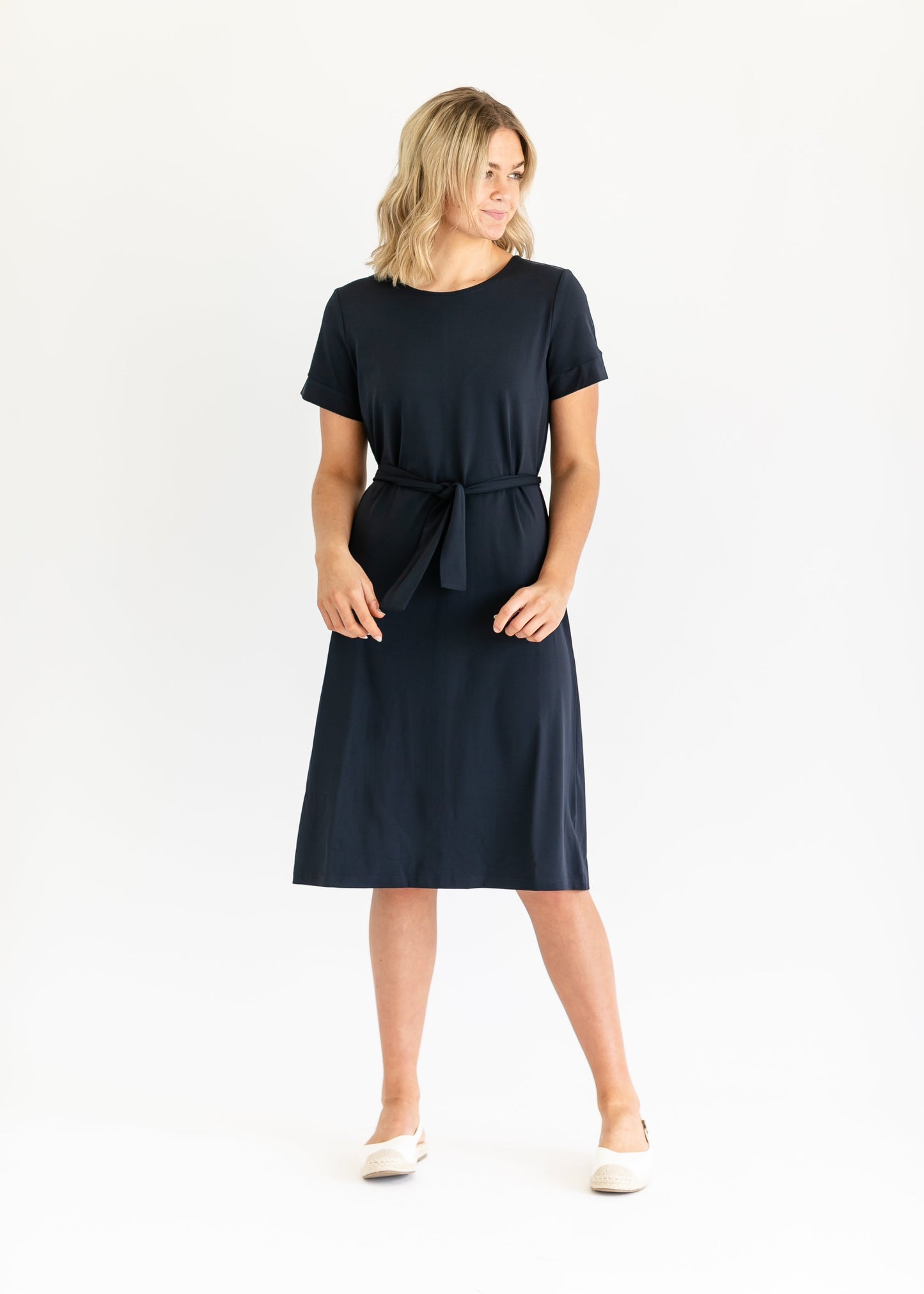 Navy Lennox Classic Midi Dress by Inherit Co. featuring a stylish, flowy silhouette and elegant design perfect for any occasion.