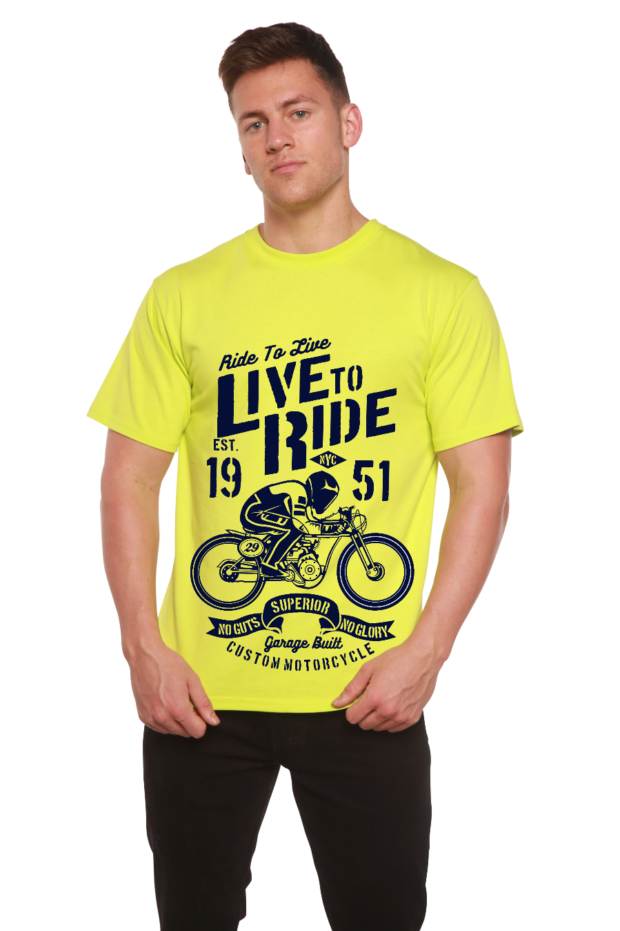 Men's graphic t-shirt from Spun Bamboo, made of bamboo viscose and organic cotton, featuring a live to ride print.
