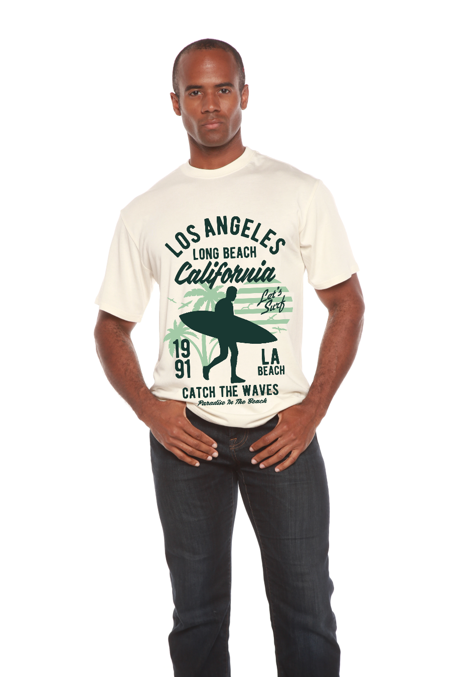 Men's graphic T-shirt by Spun Bamboo featuring Los Angeles print, made from bamboo viscose and organic cotton, short sleeve.