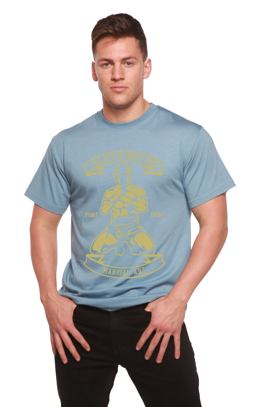 Men's graphic martial arts T-shirt by Spun Bamboo, made from bamboo viscose and organic cotton, short sleeve with printed design.