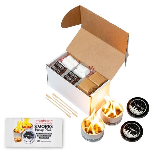 City Bonfires S'mores Family Pack outdoors set with marshmallows, chocolate, and graham crackers for outdoor s'mores enjoyment.