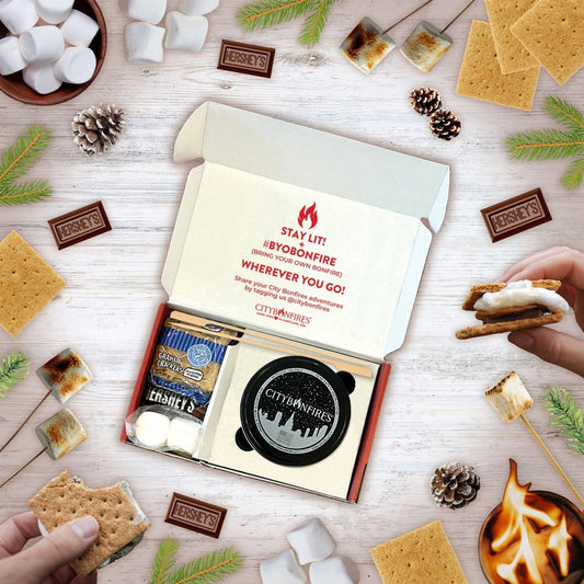 City Bonfires S'mores Night Pack for outdoor camping with marshmallows, chocolate, and graham crackers for making s'mores.