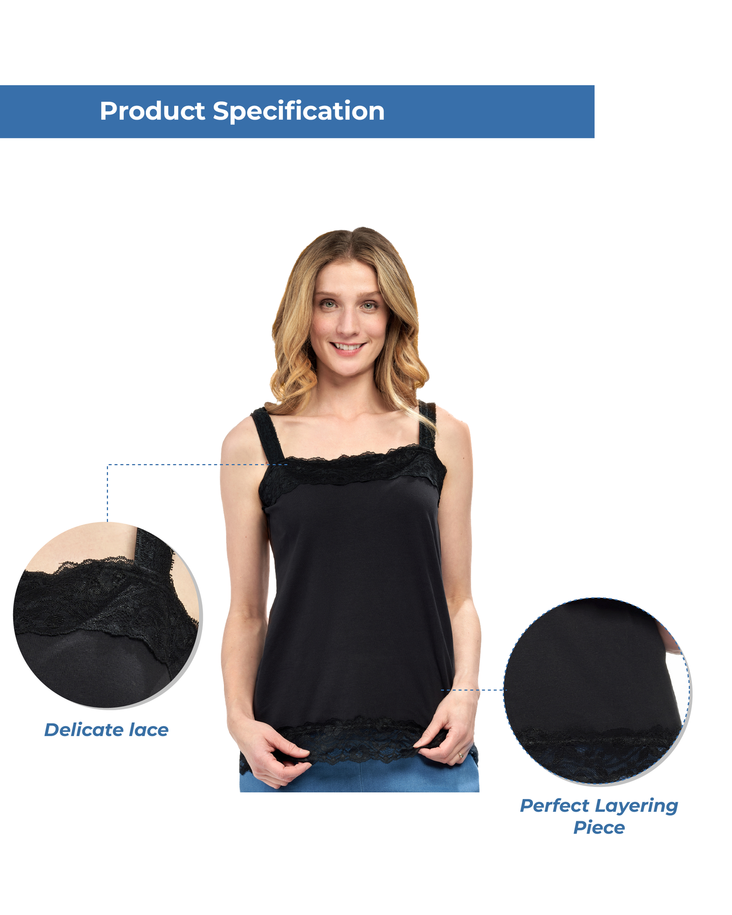 Women's white cotton blend tank top with lace trim from TURTLE BAY APPAREL, shown on a measuring chart for size reference.