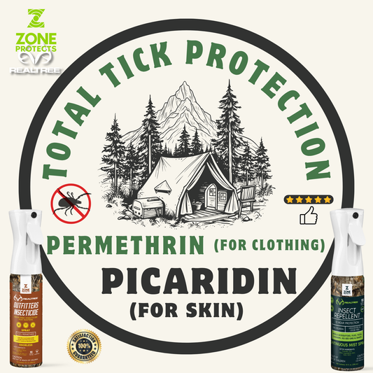 Zone Protects Realtree total tick prevention insect repellent showing the spray bottle for insect repellent and insecticide use.