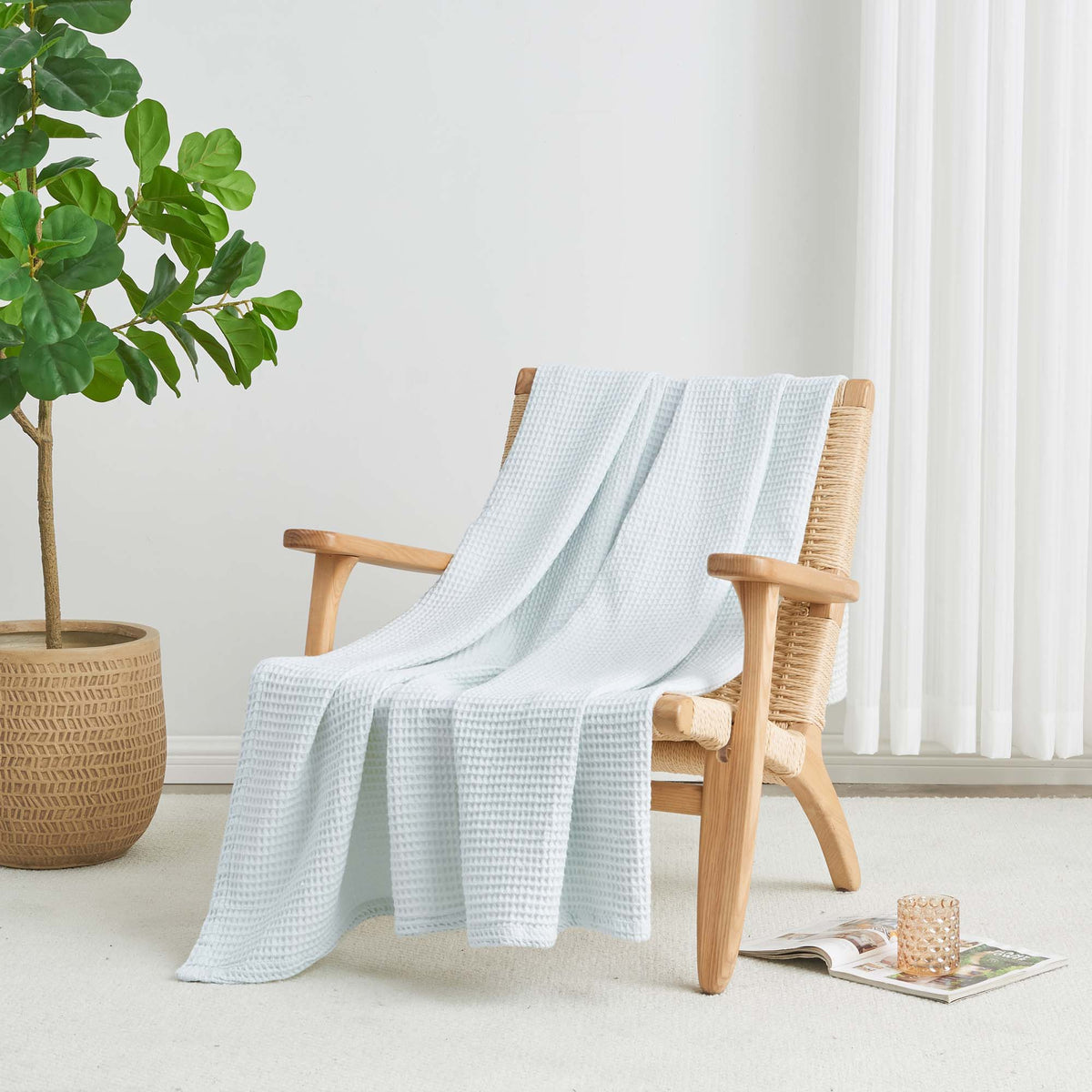 Cream-colored 100% cotton waffle weave blanket from Great Bay Home's Mikala Collection, showing soft, textured fabric and cozy design.