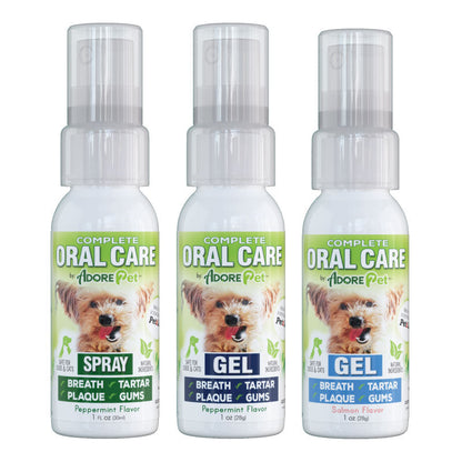 Adore Pet 1 oz. oral care bottles, three-pack, for pet dental health and fresh breath, compact and easy to use.
