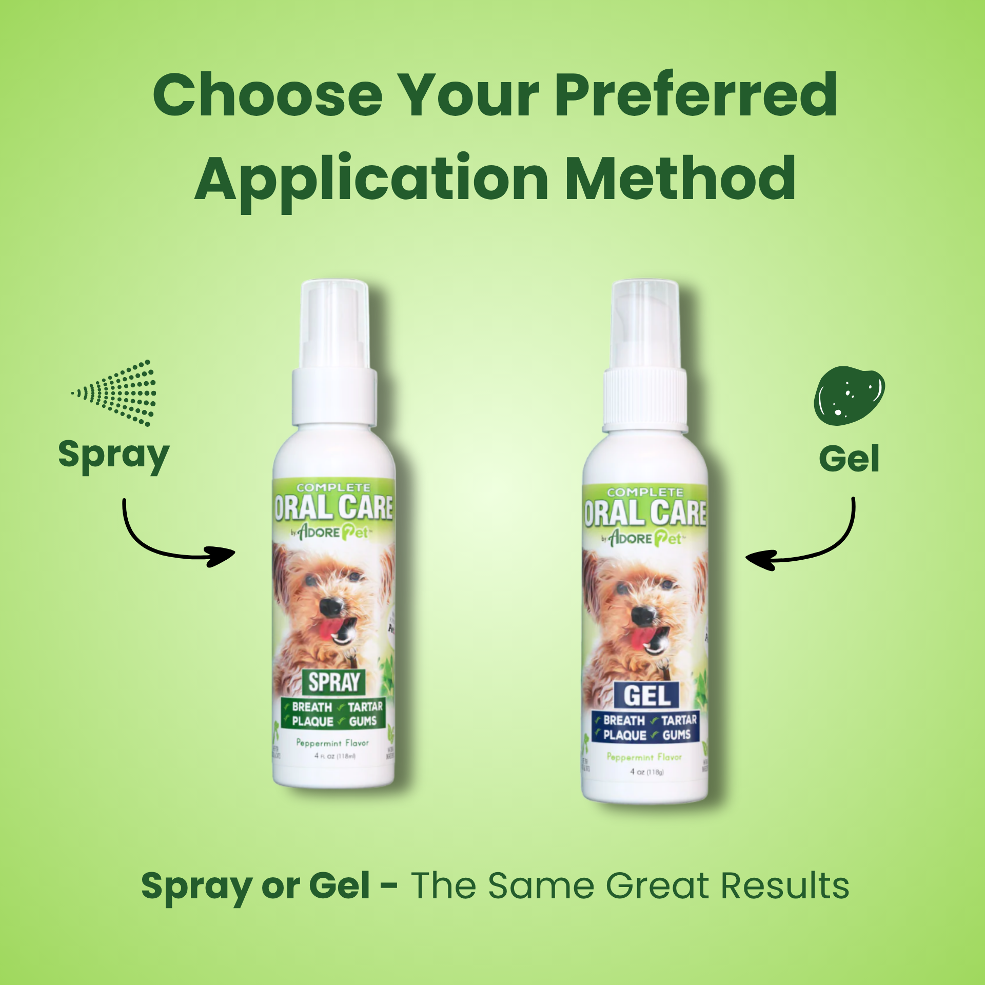 Adore Pet oral care spray for pets, featuring a bottle with a nozzle, designed to freshen breath and promote oral health in animals.