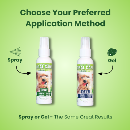 Adore Pet oral care spray for pets, featuring a bottle with a nozzle, designed to freshen breath and promote oral health in animals.