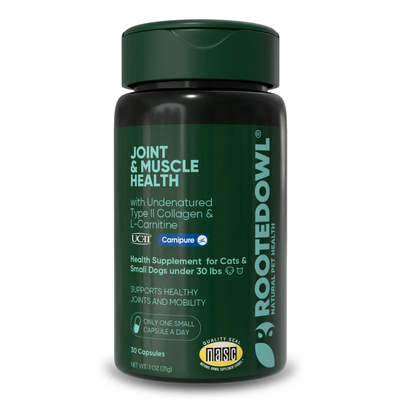 Rooted Owl Pet Supplements joint and muscle health supplement for cats and small dogs, showing the product container and label.