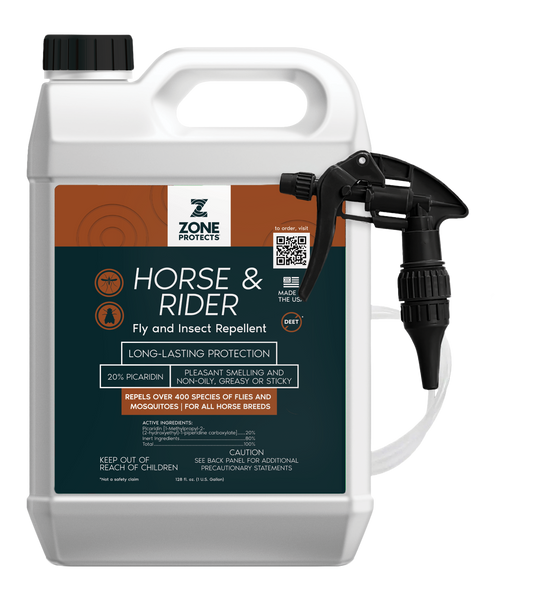 Zone Protects Horse & Rider Fly & Insect Repellent Spray gallon with trigger sprayer, designed to keep insects away.