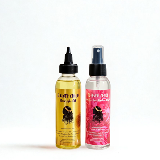 Flower Child Loc Care LLC Essentials Set with Garden Rose Water Mist, featuring a spray bottle of refreshing rose water for hair and skin.