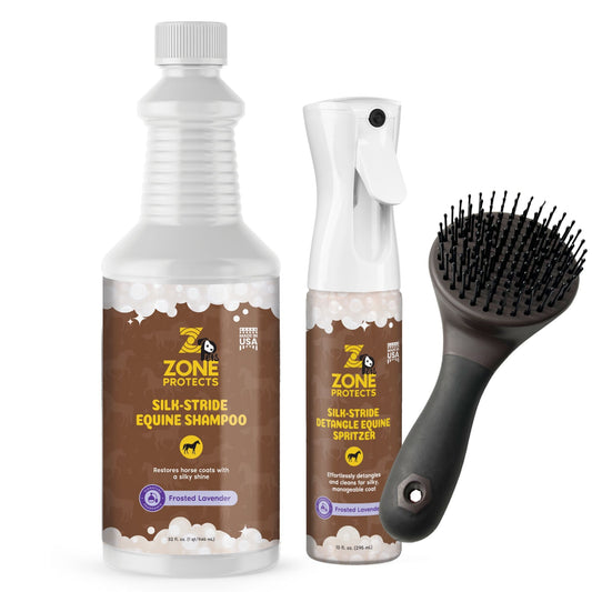 Zone Protects Silk Stride Detangle Equine Horse Grooming Bundle, including brushes and grooming tools for healthy, shiny horse coats.