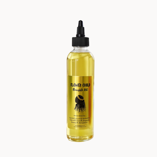 Flower Child Loc Care Flourish Oil bottle for hair and skin care, featuring a natural, nourishing formula in a clear glass bottle.