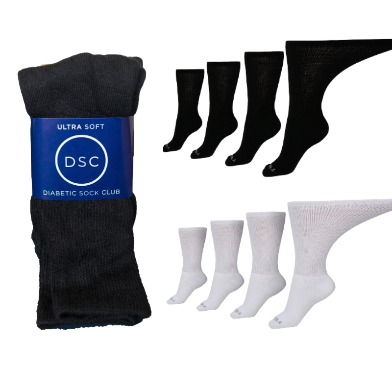 Men's DSC ultra-soft upper calf diabetic socks in a 4-pack, featuring comfortable, non-binding knit for sensitive feet.