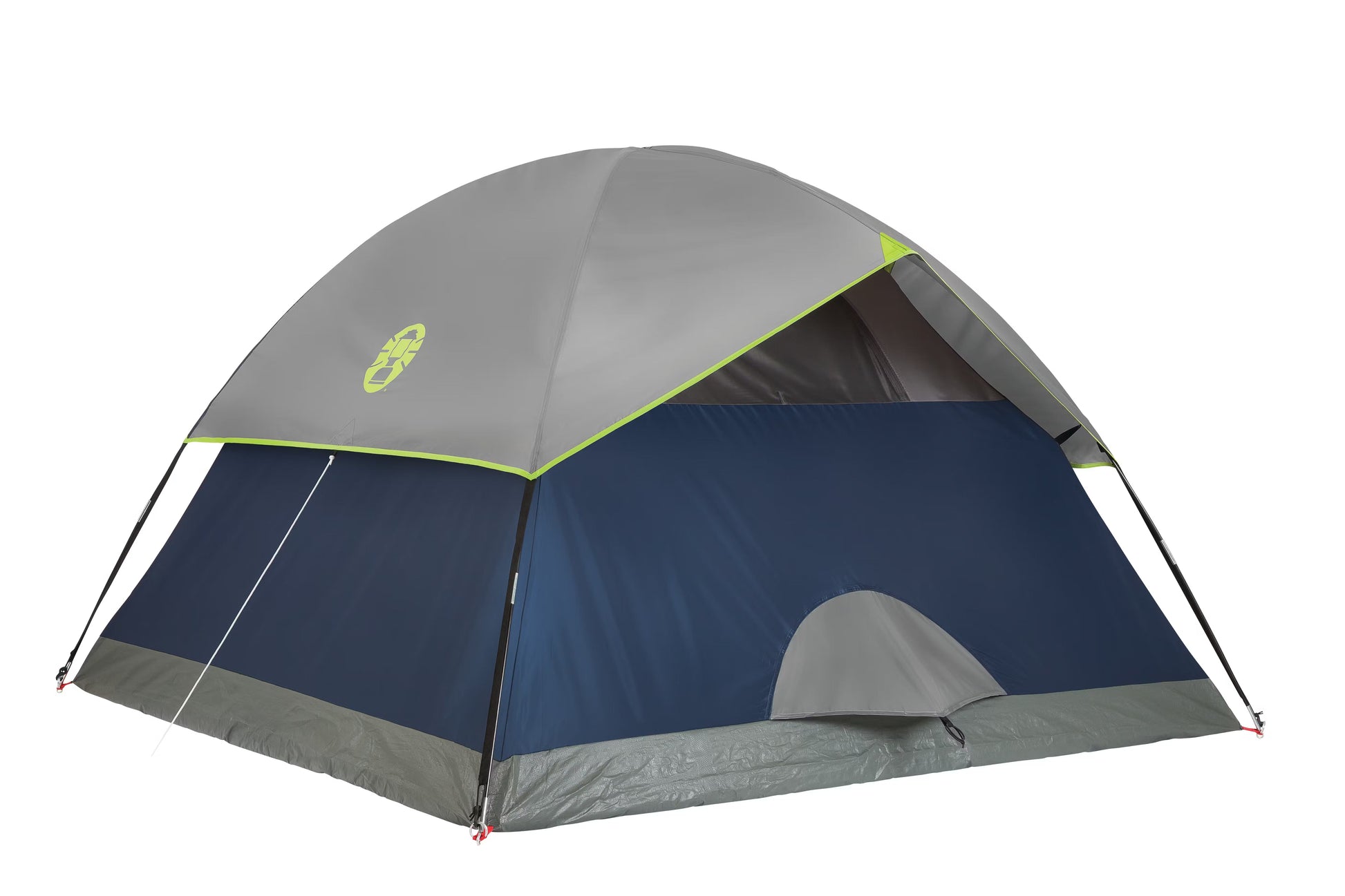 Coleman Sundome Tent set up outdoors, featuring a green waterproof camping tent with mesh windows and a rainfly for outdoor camping.