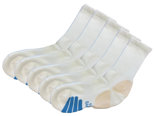 Unisex white bamboo viscose crew socks from Spun Bamboo, five-pack, showing comfortable, soft fabric and classic sock design.