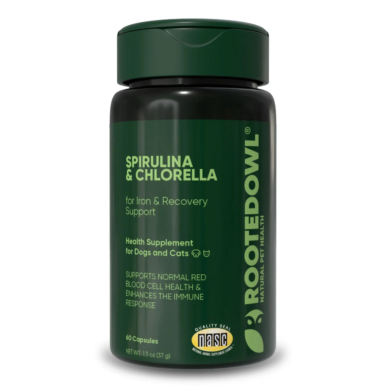 Spirulina and chlorella supplement for cats and dogs by Rooted Owl Pet Supplements, showing vibrant green powder in a jar.
