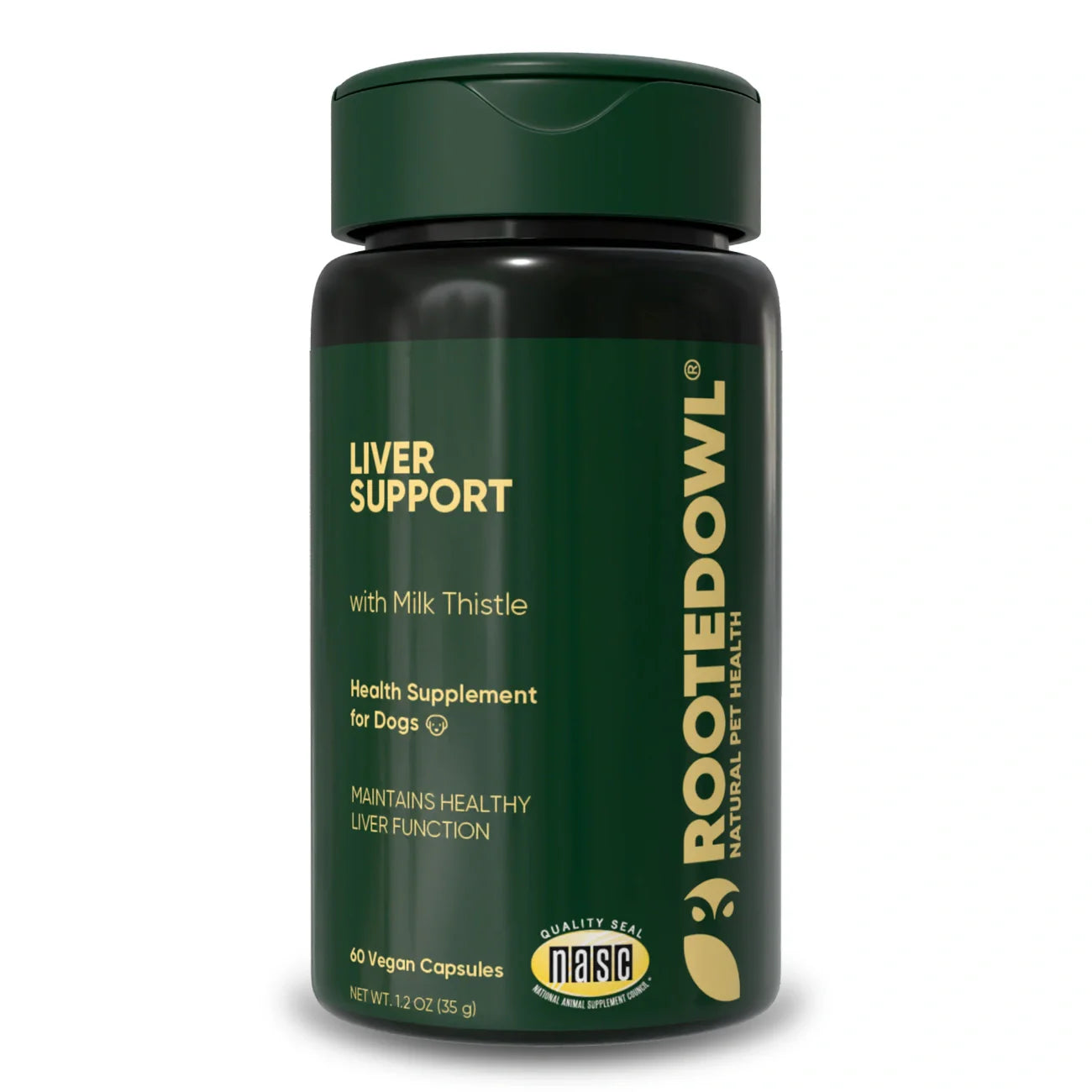 Dog liver support supplement by Rooted Owl Pet Supplements, showing a bottle with tablets for canine liver health.