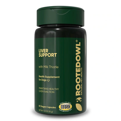 Dog liver support supplement by Rooted Owl Pet Supplements, showing a bottle with tablets for canine liver health.