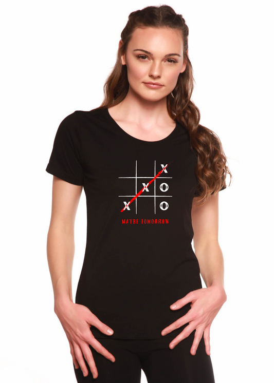 Maybe Tomorrow women's bamboo scoop neck graphic T-shirt with printed design, featuring short sleeves and a casual fit.