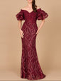Off Shoulder Mermaid Beaded Gown with Tiered Sleeves