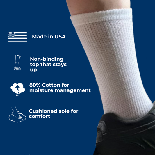 Pair of DSC women's cotton crew socks, soft and breathable, designed for comfort, shown in white.