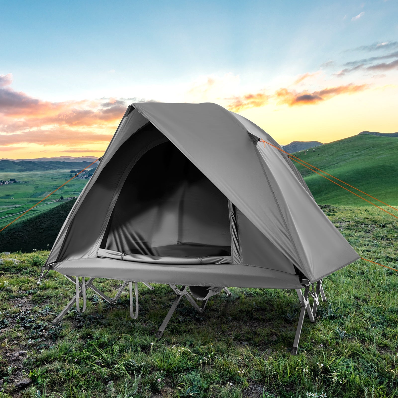 Foldable 2-person camping cot from GemGear set up outdoors, showing its sturdy frame and comfortable fabric for off-ground sleeping.