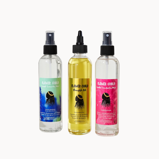 Moisture Plus bundle for hair and skin care by Flower Child Loc Care LLC, featuring hydrating products in a colorful package.