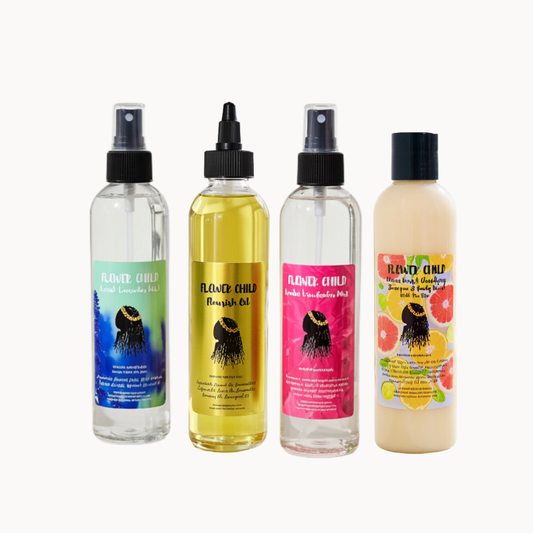 Complete Care Bundle with Citrus Burst scent from Flower Child Loc Care LLC, featuring hair care products in colorful packaging.