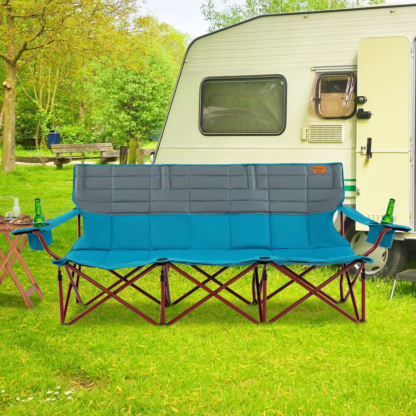 3 Person Folding Camping Chair with 2 Cup Holders Cotton Padding & Storage Bag