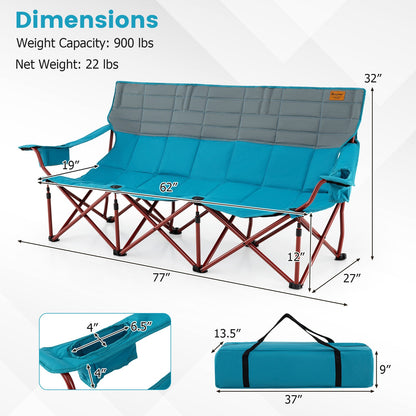 3 Person Folding Camping Chair with 2 Cup Holders Cotton Padding & Storage Bag