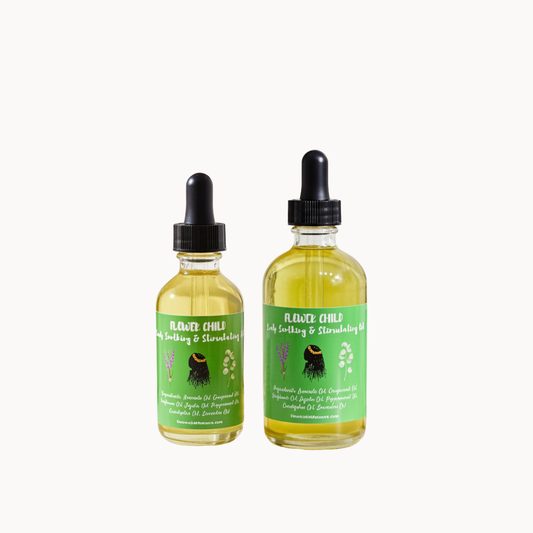 Bottle of Flower Child Loc Care LLC Scalp Soothing & Stimulating Growth Oil for hair care, featuring a clear liquid in a dropper bottle.