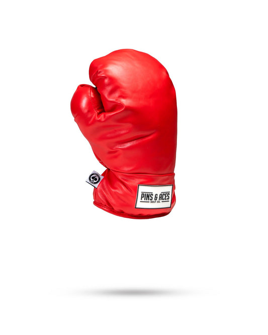 Red boxing glove headcover by Pins and Aces, designed as a fairway cover with a boxing glove appearance for golf clubs.