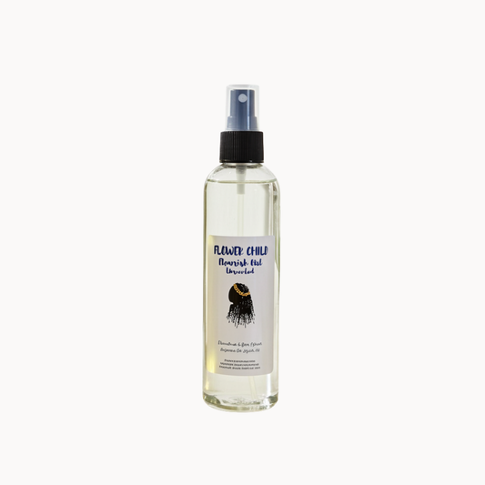 Unscented hydration mist for hair by Flower Child Loc Care LLC, featuring a clear spray bottle with a white cap.
