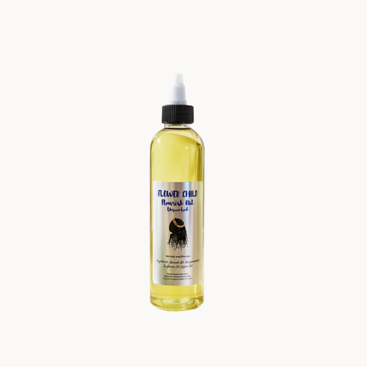 Unscented Flourish Oil from Flower Child Loc Care LLC, a natural hair care product in a clear bottle with dropper.