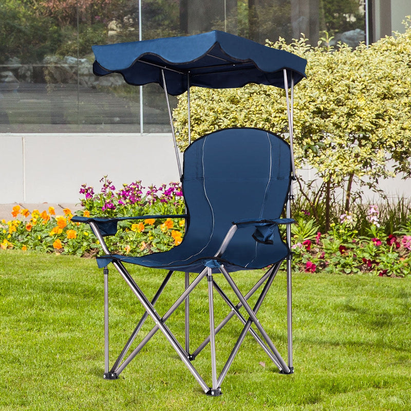 GemGear portable folding beach canopy chair with cup holders, lightweight and compact for outdoor lounging and relaxation.