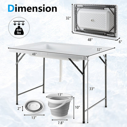 4 Feet Folding Ice Bin Table with Skirt for Camping Picnic Wedding with Ice Bucket-White