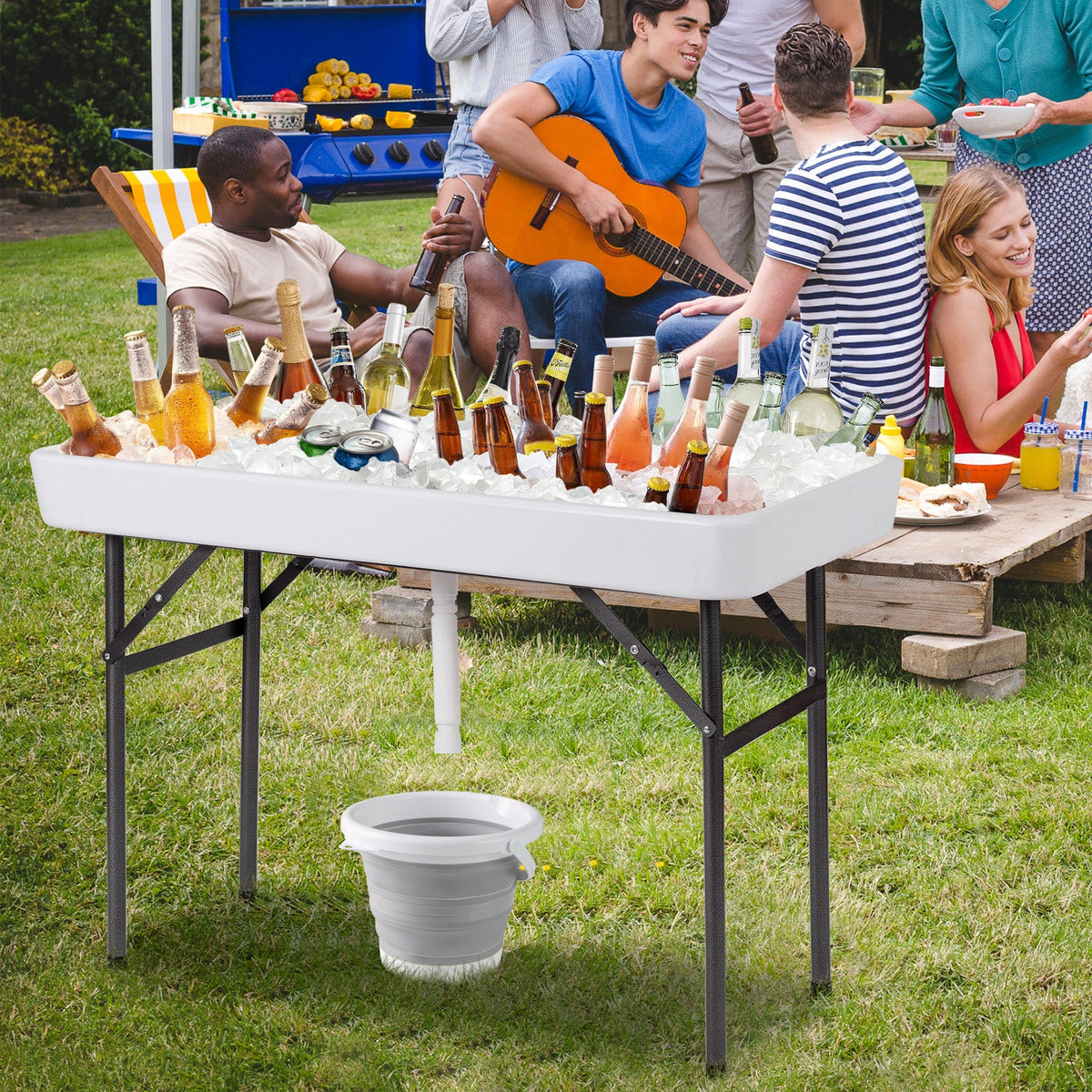 White 4-foot plastic party ice folding table with matching skirt by GemGear, showing the table and skirt set for events.