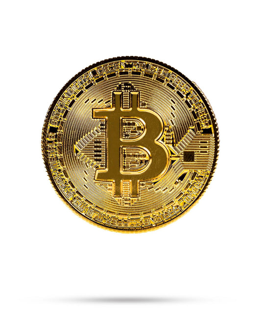 Pins and Aces Bitcoin Ball Marker accessory with a metallic Bitcoin design on a green golf ball marker.