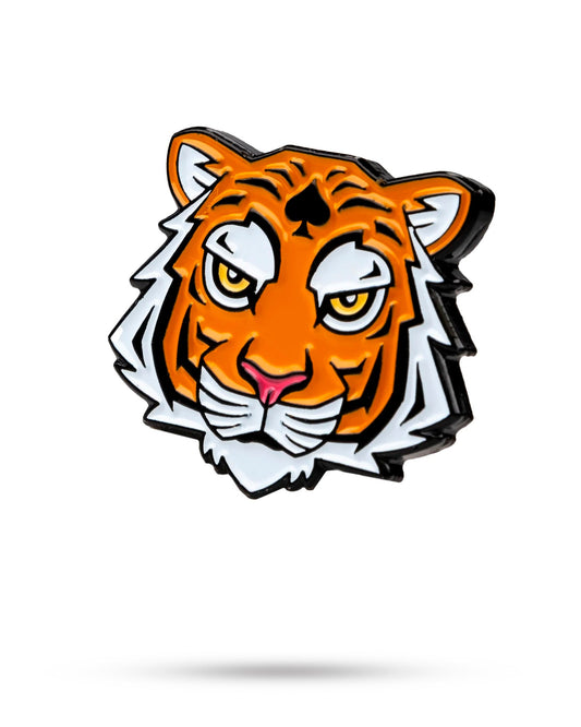 Pins and Aces Tiger Ball Marker accessory with a vibrant tiger design, perfect for golf ball marking.