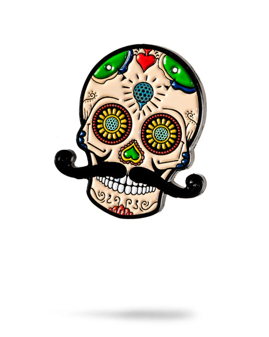 Colorful sugar skull ball marker from Pins and Aces, featuring vibrant art and detailed design for golf accessories.