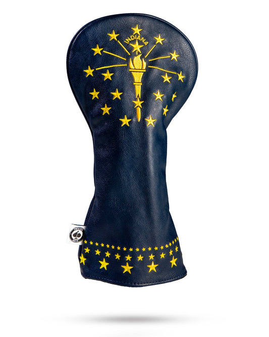 Indiana State Flag driver headcover by Pins and Aces, featuring vibrant colors and detailed state emblem for golf clubs.