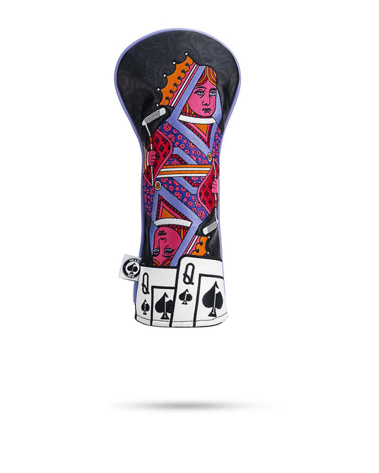 Pink and black Queen of Spades fairway golf club headcover from Pins and Aces with bold spade design.