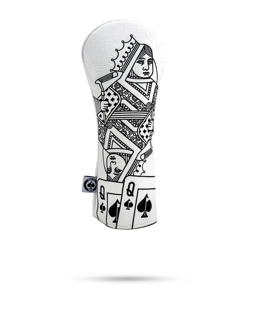 White Out Queen of Spades fairway cover by Pins and Aces featuring a stylish queen of spades card design on a headcover for golf clubs.