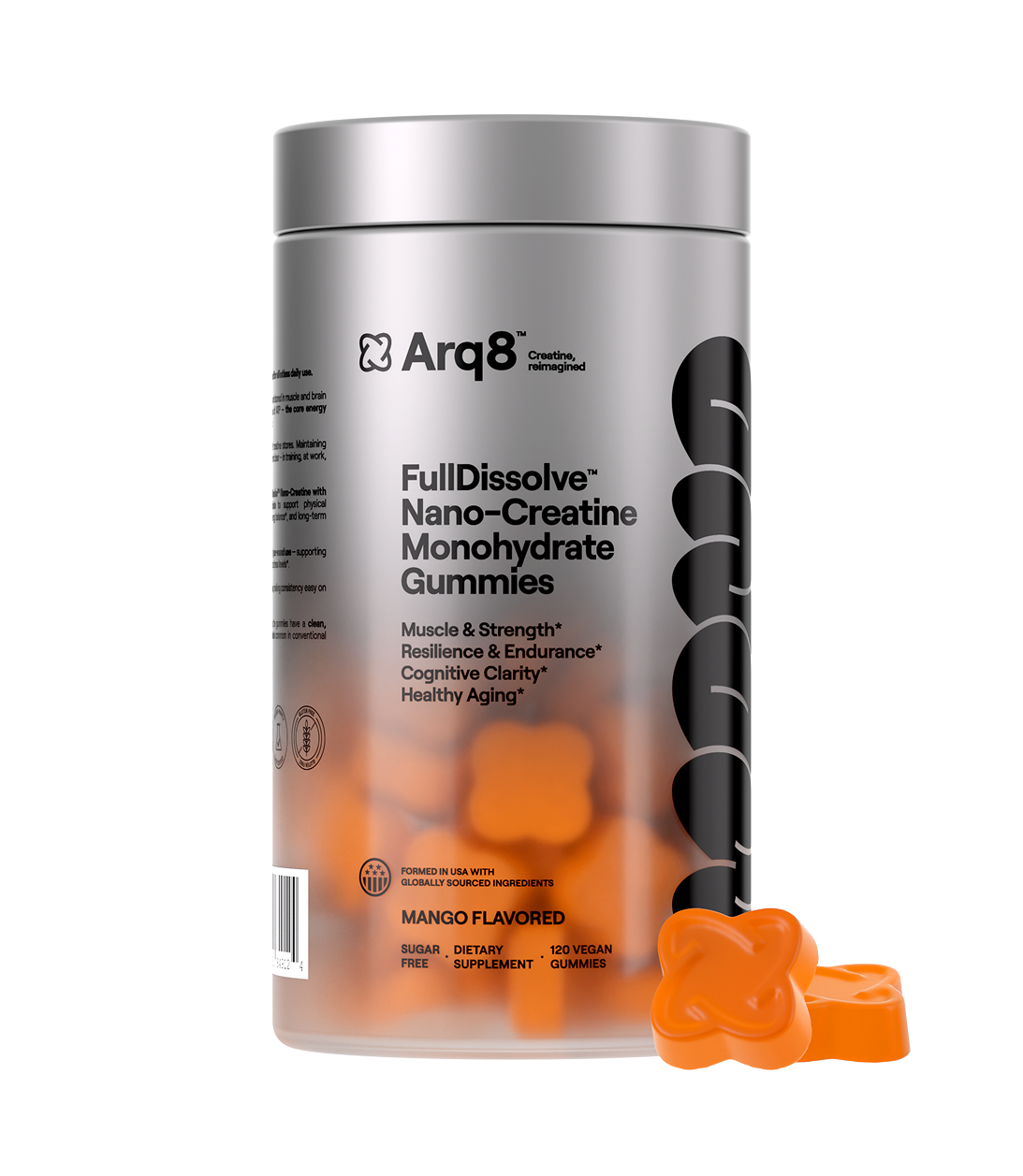 Arq8™ Creatine Monohydrate Gummies featuring colorful, chewable supplement gummies with the Arq8 brand logo on the packaging.