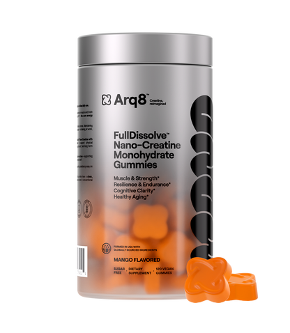 Arq8™ Creatine Monohydrate Gummies featuring colorful, chewable supplement gummies with the Arq8 brand logo on the packaging.