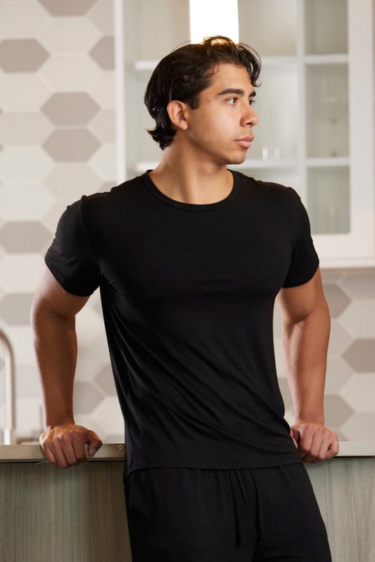 Men's soft bamboo lounge t-shirt from Spun Bamboo, short sleeve, casual fit, lightweight fabric, in neutral colors.